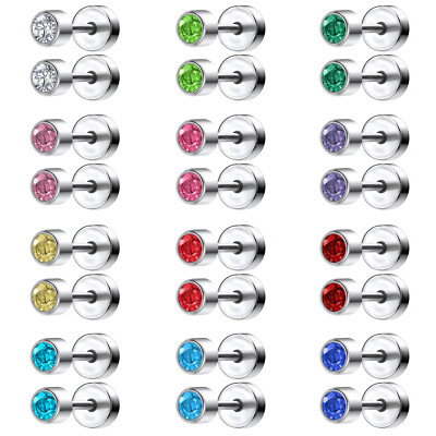12Pairs/lot 20g Stainless Steel Stud Earring CZ Cartilage Helix Piercing Jewelry