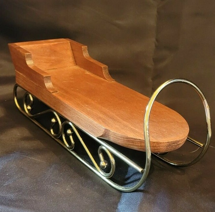 Christmas Holiday Sled Centerpiece/Decoration Wood and Metal (brass?) Sturdy