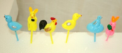 6 Vintage Plastic Easter Chicks Rabbits Ducks Cup Cake Topper Decoration 1960s