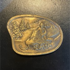 Snowmobile Scene Brass Tone Belt Buckle