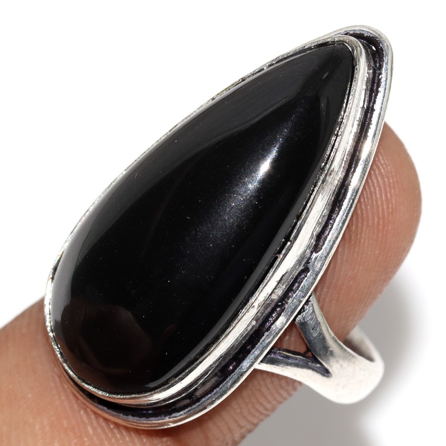 Handmade 925 Silver Plated Black Obsidian Ring Size US 9.5 JW
