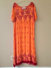 Alexandra Lee Orange Red Medallion Boho Button Front Midi Dress