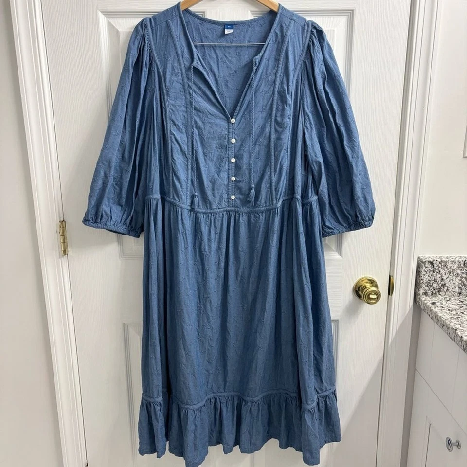 Vestido Midi Old Navy Chambray 3X Bordado Azul Boho Manga Folhada Borla Prairie - Imagem 2 de 4