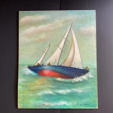 Vtg Folk Art Sailboat Oil Painting Nautical Ocean Sailors Naïve Art  SIGNED