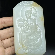 China Grade A Natural White Jade Carving Guanyin Buddha Zodiac Rabbit Pendant