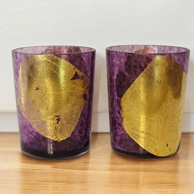 Mid Century Mod #2 Double Old Fashioned Art Glass Hand Blown Amethyst Gold leaf 