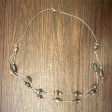 Multi-Strand Beaded Boho Necklace Metal Wood Brown Silver 17 Inch