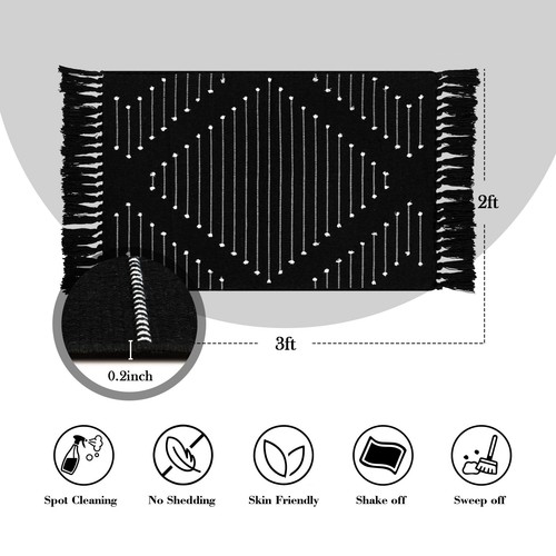 Bathroom Carpet Boho Rug 2'x3' Washable Black Moroccan Throw For Kitchen - 第 2/9 張圖片