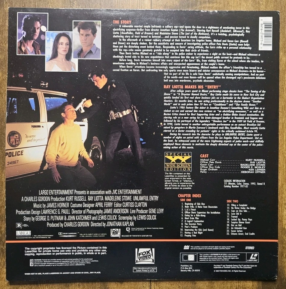 Unlawful Entry Laserdisc LD Special Widescreen Edition Kurt Russell Ray Liotta - Image 2 of 2