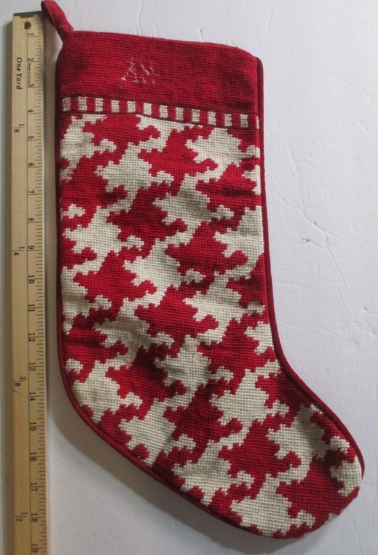 LANDS END Red/White Jigsaw Wool Needlepoint Christmas Stocking Flawed A