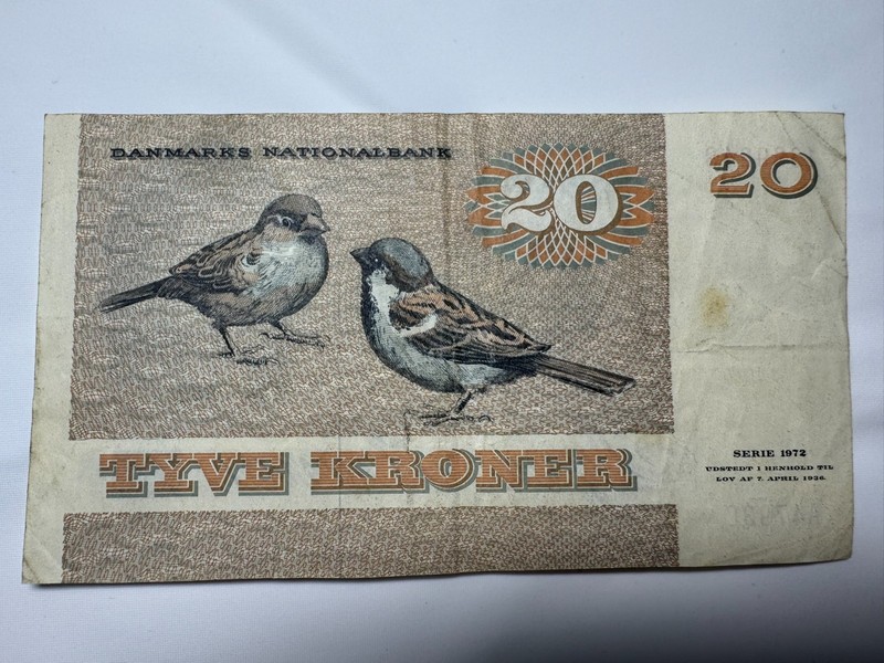 Danish 20 Kroner Currency Banknotes 1972