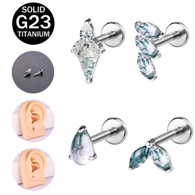 G23 Titanium Earring Green Moss Agate Stud Earrings Internal Thread Lip Piercing