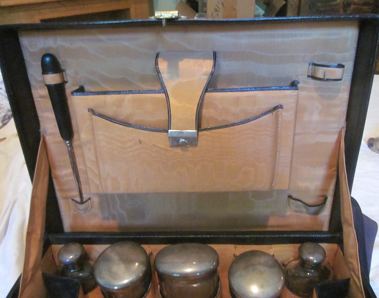 Mappin & Webb Vanity Travel Case Black Leather Silk Lining Sterling Lids jar Key