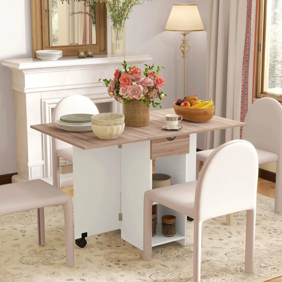 Folding Dining Table Drop Leaf Small Spaces Foldable with Drawer Storage Shelves - Image 2 of 4