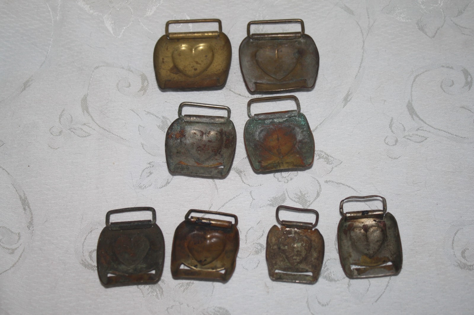 8 Vintage BRASS Civil War HORSE TACK HEART ❤️ Bridle HARNESS Rosettes / BUCKLES