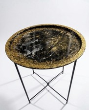 Tavolino da Salotto Artigianale in Resina Epossidica Nera e Oro 47 Cm