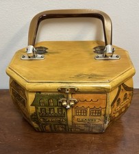Vintage Wooden Box Purse Decoupage City Town Street Scene Lucite Handle Signed