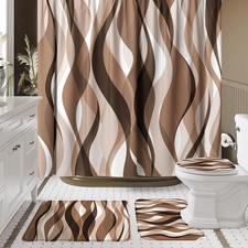 Brown Striped Shower Curtain Set W/ Hooks Abstract Grey Bathroom Decor 4 PCS