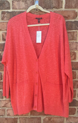 NWT Eileen Fisher Mimosa Coral/Orange Linen Cotton Button Cardigan Pockets 1X