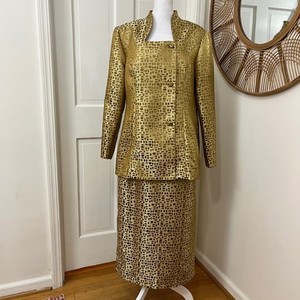 TERRAMINA Sz 12 Gold Brocade Blazer Jacket Skirt Suit Church Evening Modest