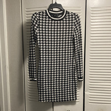Black White Houndstooth Knit Bodycon Dress Size XS Long Sleeve Round Neck