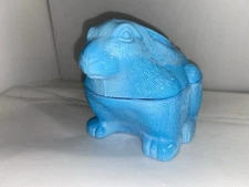 Vintage Blue Milk Glass Rabbit Covered Candy Dish 5", See Details