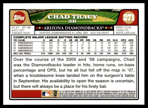 2008 Topps Chad Tracy Arizona Diamondbacks #271 - Picture 2 of 2