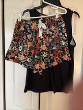 Shein 2piece Shorts Set Black/Floral XL Women's Tank Top and Shorts Set