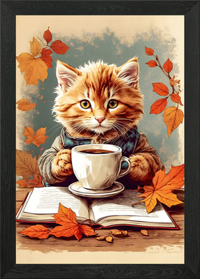 Gerahmtes Wandbild Poster Leinwanddruck Bild Kätzchen genießt Kaffee