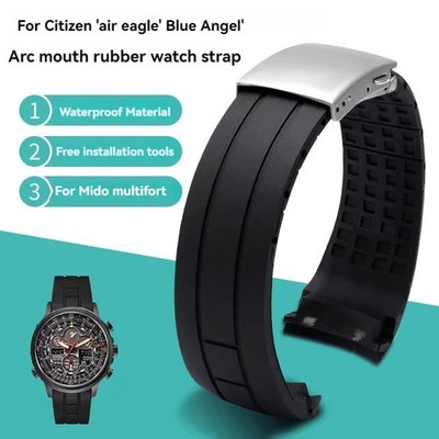 Curved End Rubber Strap For Citizen Sky Eagle Mido Helmsman 22mm 23mm Black Band