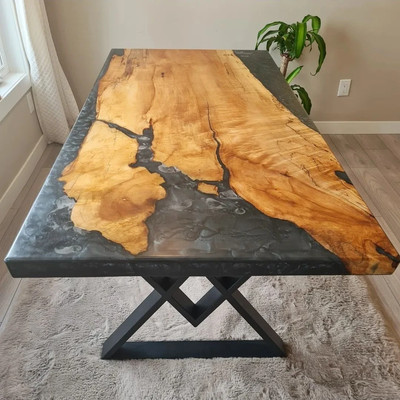 Black Epoxy River Table Top Live Edge Wood Desk | Custom Handmade Resin Table