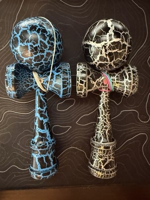 Set of 2 Kendama Ball & Cup Skill Toys Crackle Pattern Finish Blue Black