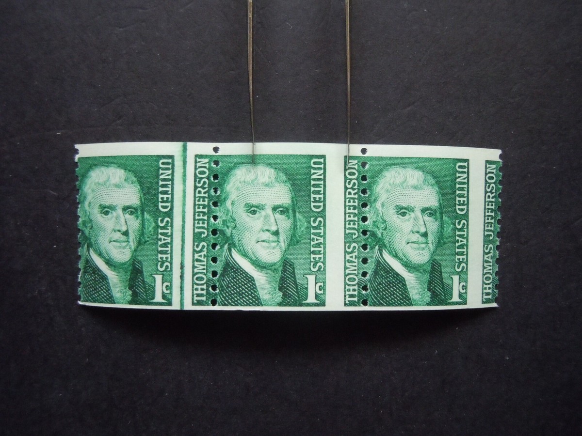 1299 1c Jefferson EFO Major Error Misperforated Strip of 3 w/Line
