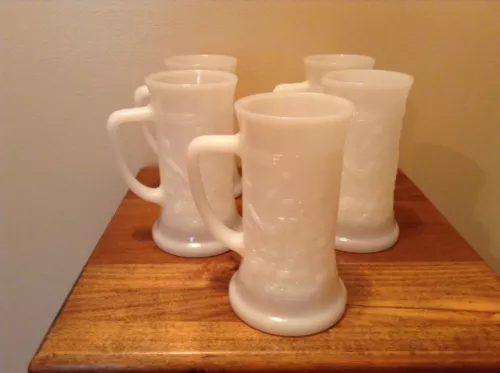 5 nice vintage Federal Glass white milk glass German Pub pattern tankard steins