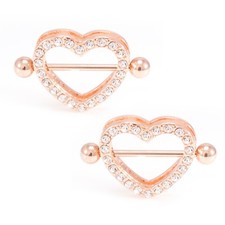 Pair of Heart Nipple Shield Ring 14G Rose Gold I.P. Barbell with CZ Gems