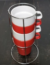 Set of 4 Mulberry 16 oz Stackable Ceramic Coffee Mugs Metal Holder Micro Safe