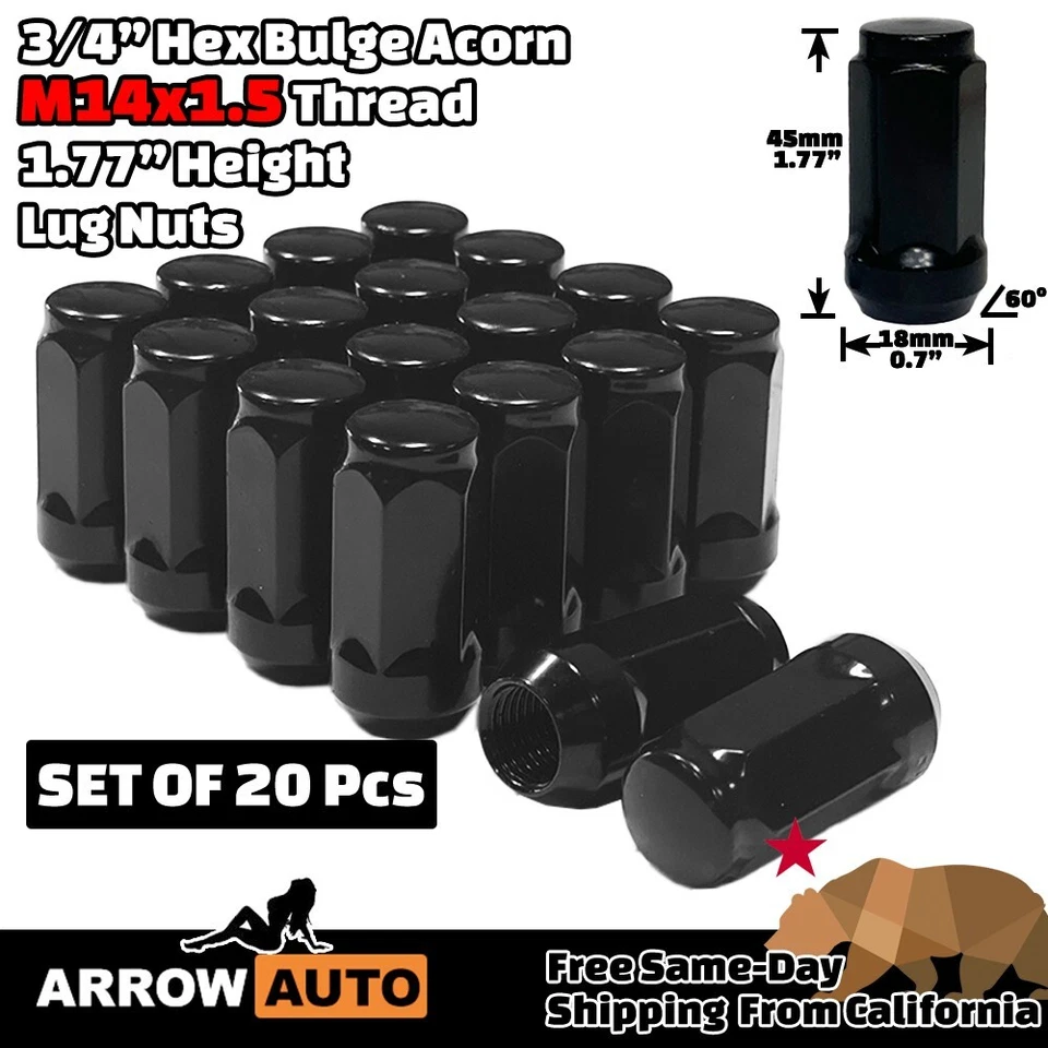20x 1.77" Tall Black M14x1.5 Bulge Acorn Lug Nuts 3/4" Hex Chevrolet Models - Image 2 of 4
