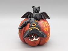Vintage Resin Ceramic Witch Pumpkin Bat Light Up Halloween Decoration 6.5"