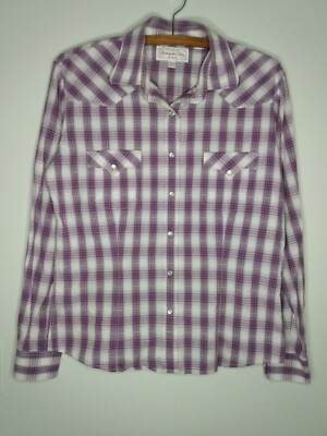 Panhandle Slim Womens Sz M Pearl Snap Western Shirt Purple Plaid Long  Sleeve