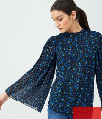 V By Very Pleated Sleeve Sheer Lined Blouse Black With Green Blue Spots  Uk 12