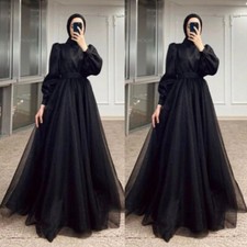Black High Neck Muslim Wedding Dresses Satin Long Sleeves A Line Bridal Gowns