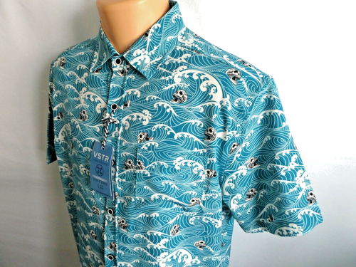 VSTR Men's L Shirt 4 Way Stretch Turquoise Waves & Skull Poly/Spandex Blend - Picture 2 of 8