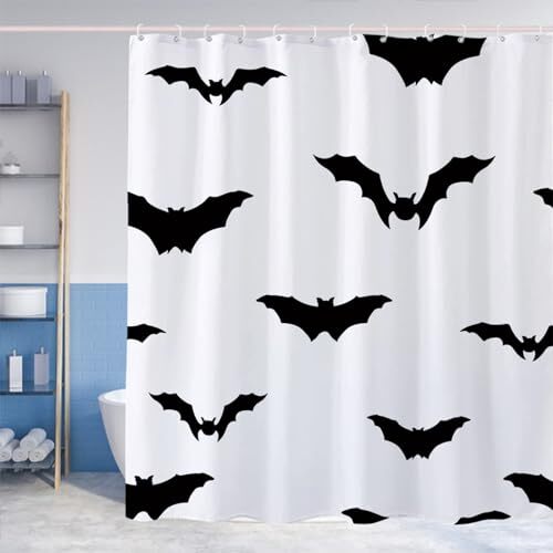 Halloween Black and White Bat Shower Curtain Gothic Theme Fabric Bathroom - Picture 3 of 7
