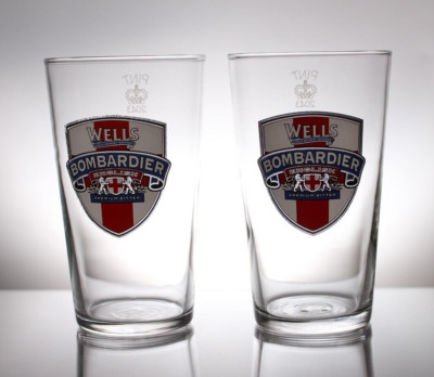 Set of 2 Wells Bombardier English Premium Bitter Pint Glasses Man Cave Home Bar