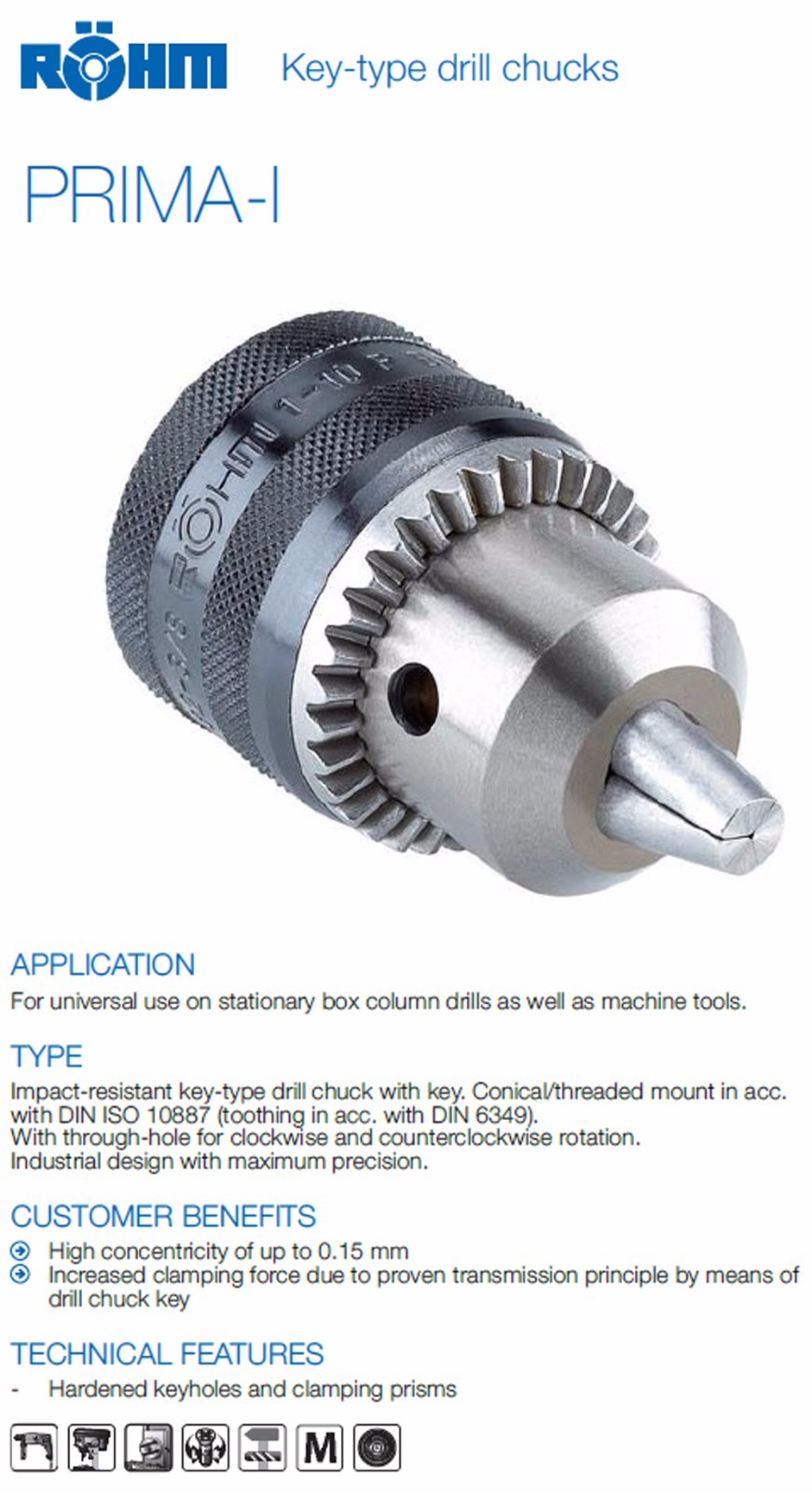 Rohm Prima-I Heavy Industrial Drill Chuck with Key 1/32
