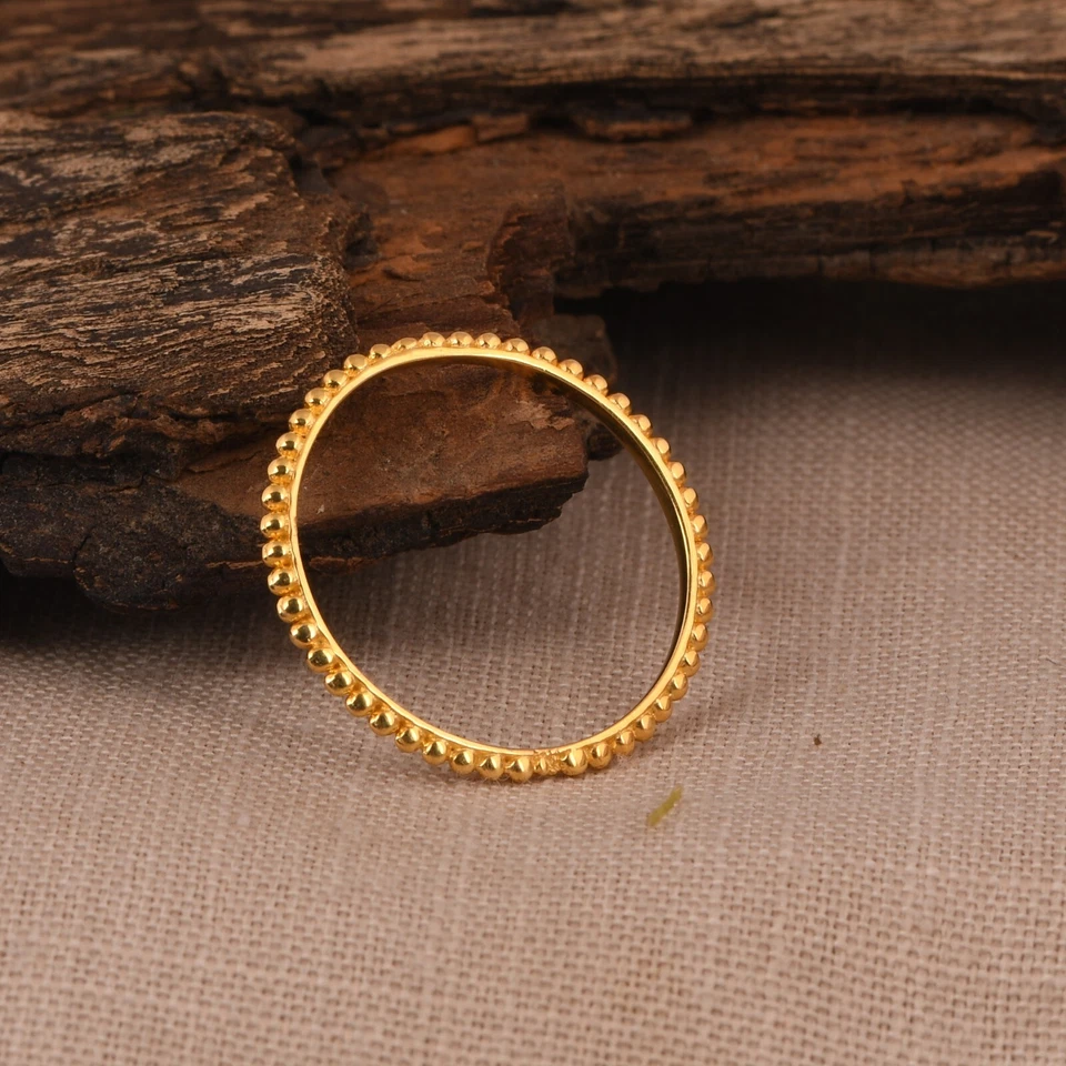 Yellow Gold Plated Beaded Stacking Ring 925 Silver Ball Eternity Band For Women - Image 4 of 4