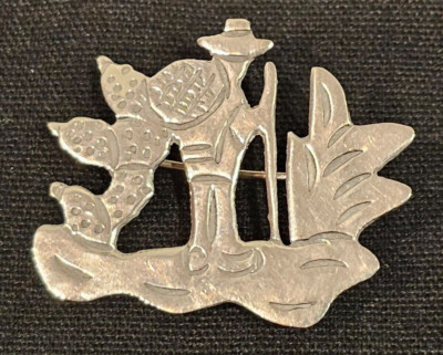 Vintage Sterling Silver 925 Mexico Brooch - 1 3/8  - Agave & and Farmer Pin