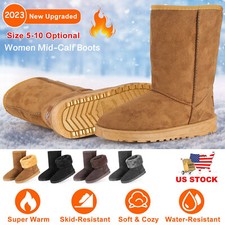 LADIES WOMEN SNOW BOOTS FLAT MID CALF WINTER FUR LINED SHOES SIZE 5 6 7 8 9 10