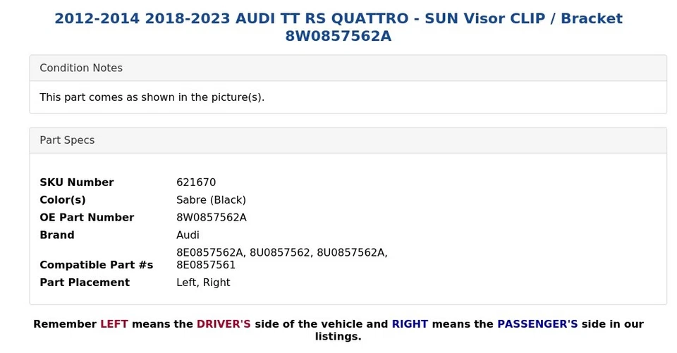 AUDI TT RS QUATTRO 2012-2014 2018-2023 - CLIP/soporte parasol 8W0857562A Foto 4 de 4