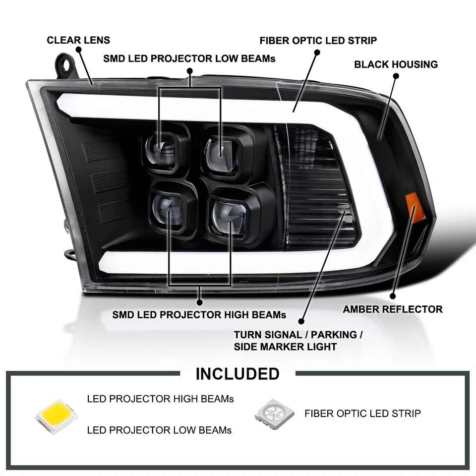 Fits 2009-2018 Dodge Ram 1500 2500 3500 Black Full LED Projector Headlights Pair Foto 3 de 4